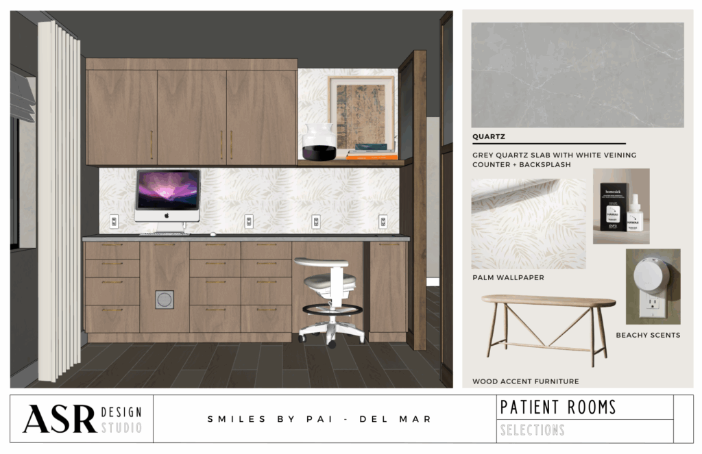 Calming dental office treatment room featuring natural textures, ergonomic dental chair, and spa-like ambiance., by ASR Design Studio