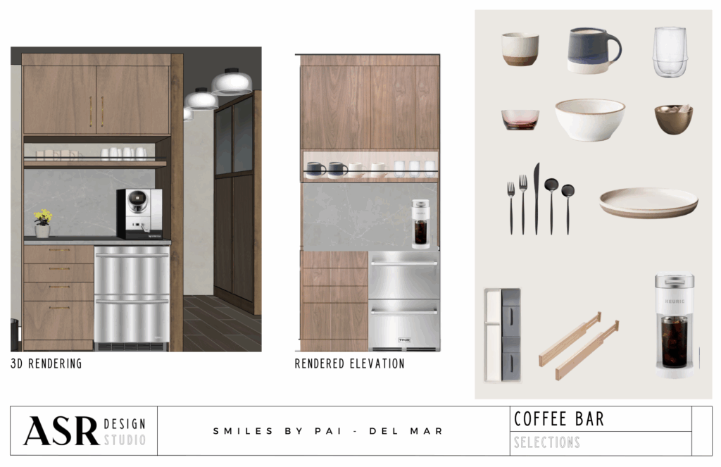 3D rendering of dental office coffee bar designed to enhance patient comfort with a calming, spa-like atmosphere, by ASR Design Studio
